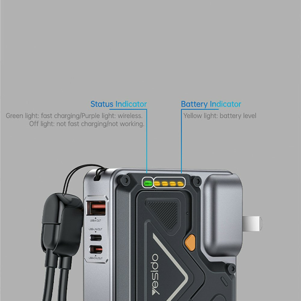Zewnętrzna bateria Yesido YP89, 10000mAh, 22.5W, QC + PD + FQI, 1 x Lightning - 1 x QI - 1 x USB-A - 1 x USB-C, Szara