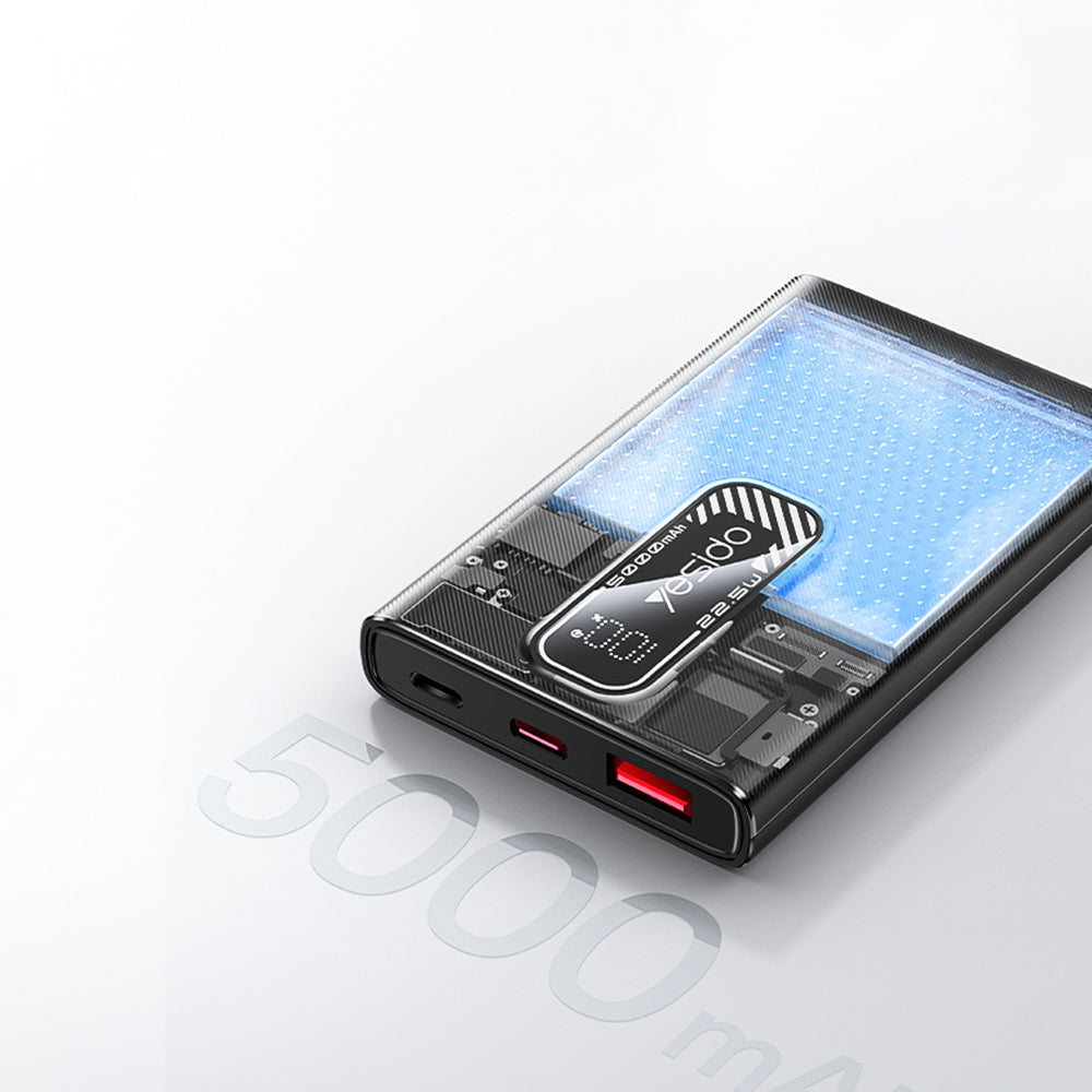 Zewnętrzna bateria Yesido YP92, 5000mAh, 22.5W, QC + PD, 1 x USB-A - 1 x USB-C, Czarna