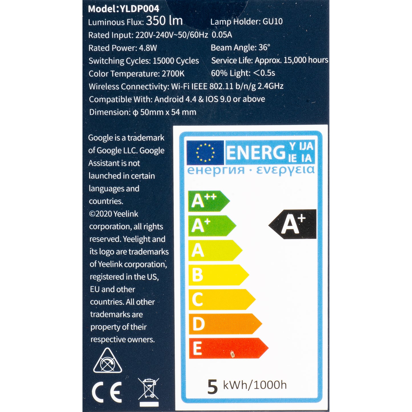 Żarówka LED Yeelight W1, Wi-Fi, GU10, 4.8W, 2700K, 350lm YLDP004