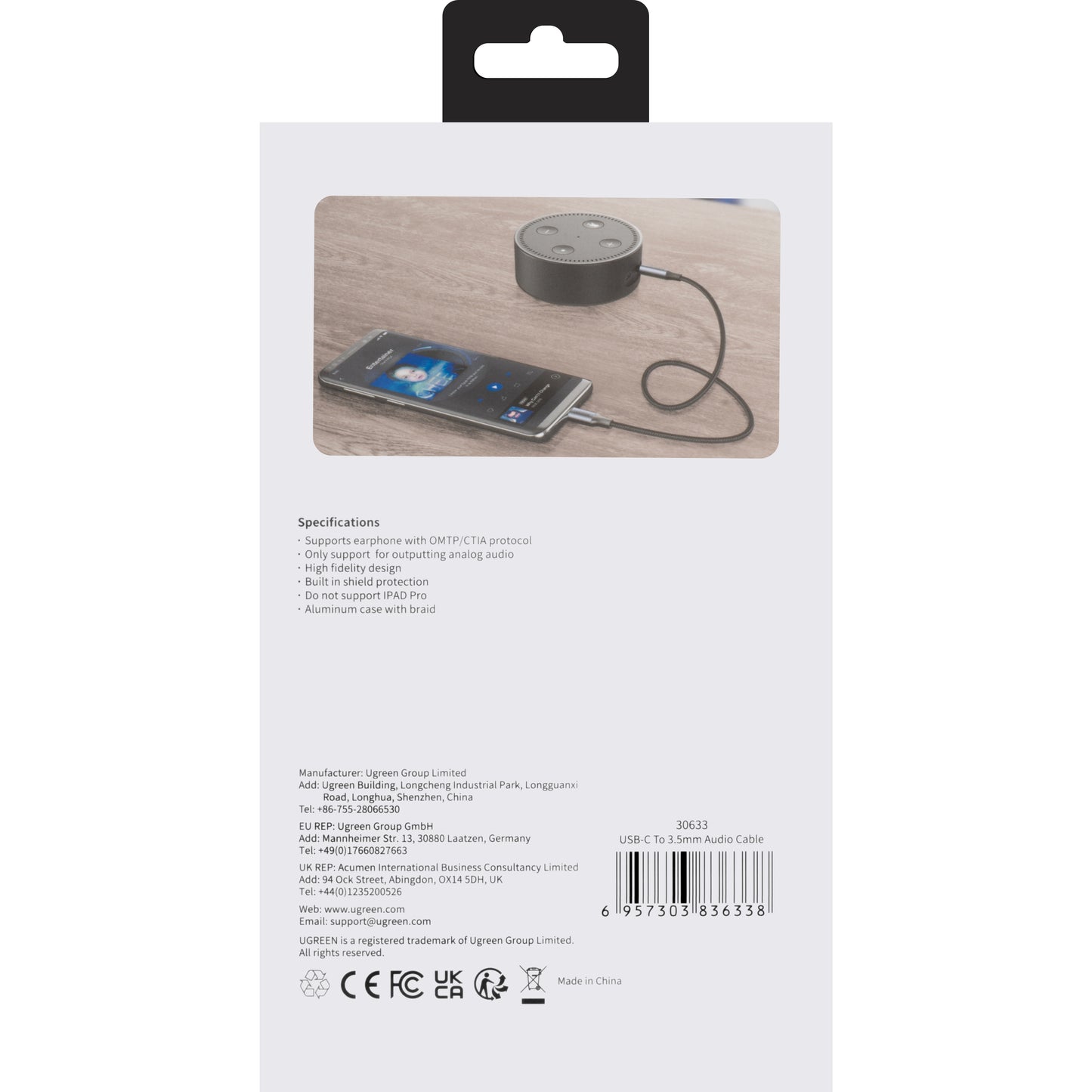 Kabel Audio USB-C - 3.5mm UGREEN AV143, 1m, Szary