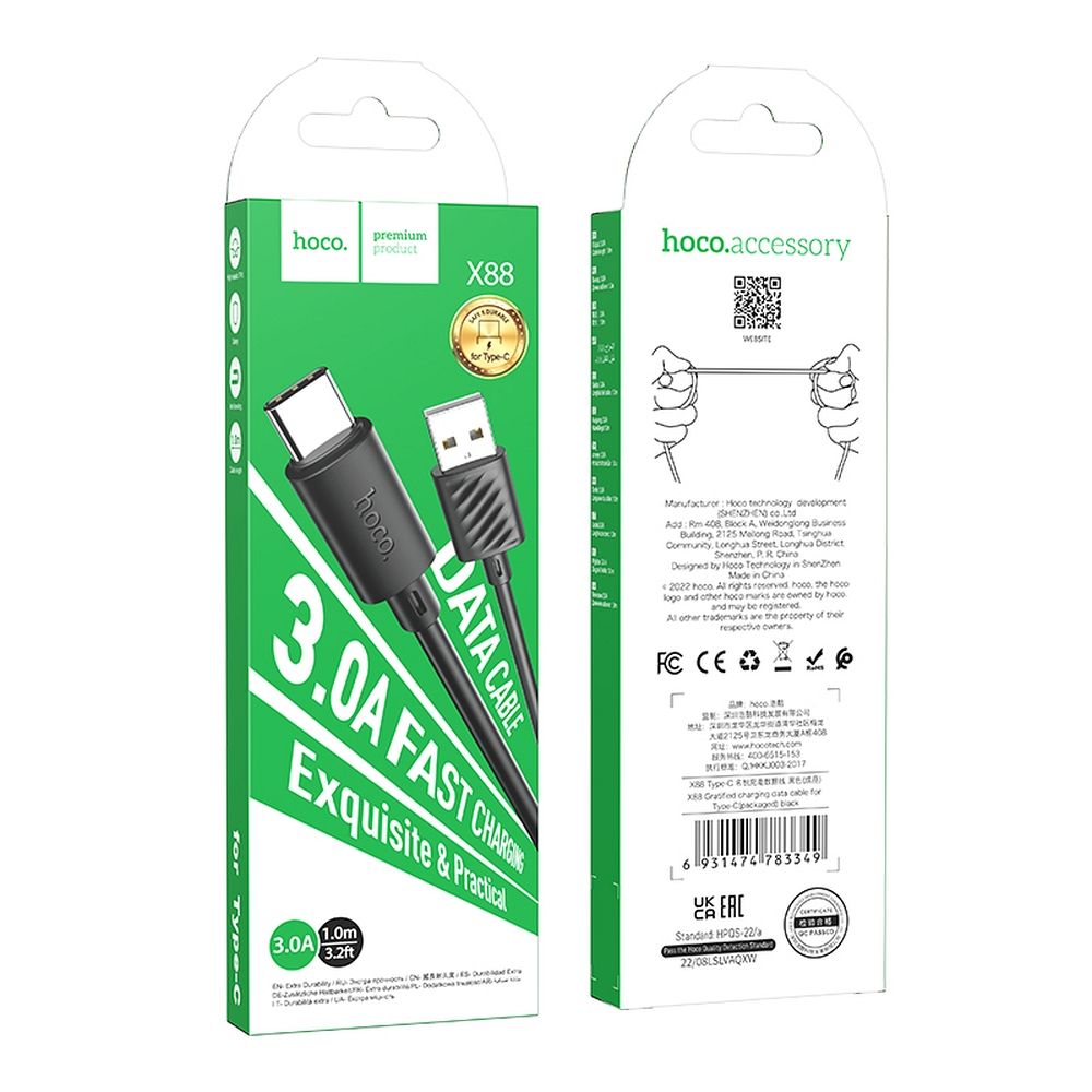 Kabel do ładowania i transmisji danych USB-A - USB-C HOCO X88, 18 W, 1 m, czarny