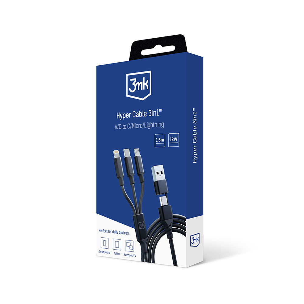 Kabel Ładowania USB-A / USB-C - Lightning / microUSB / USB-C 3MK Hyper 3in1, 12W, 1.5m, Czarny