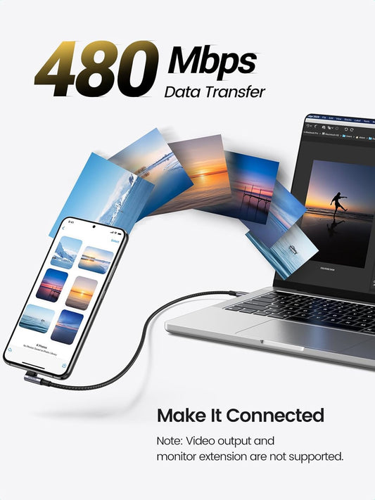 Kabel USB-C do ładowania i transmisji danych - USB-C UGREEN US334 kątowy, 100 W, 2 m, czarny