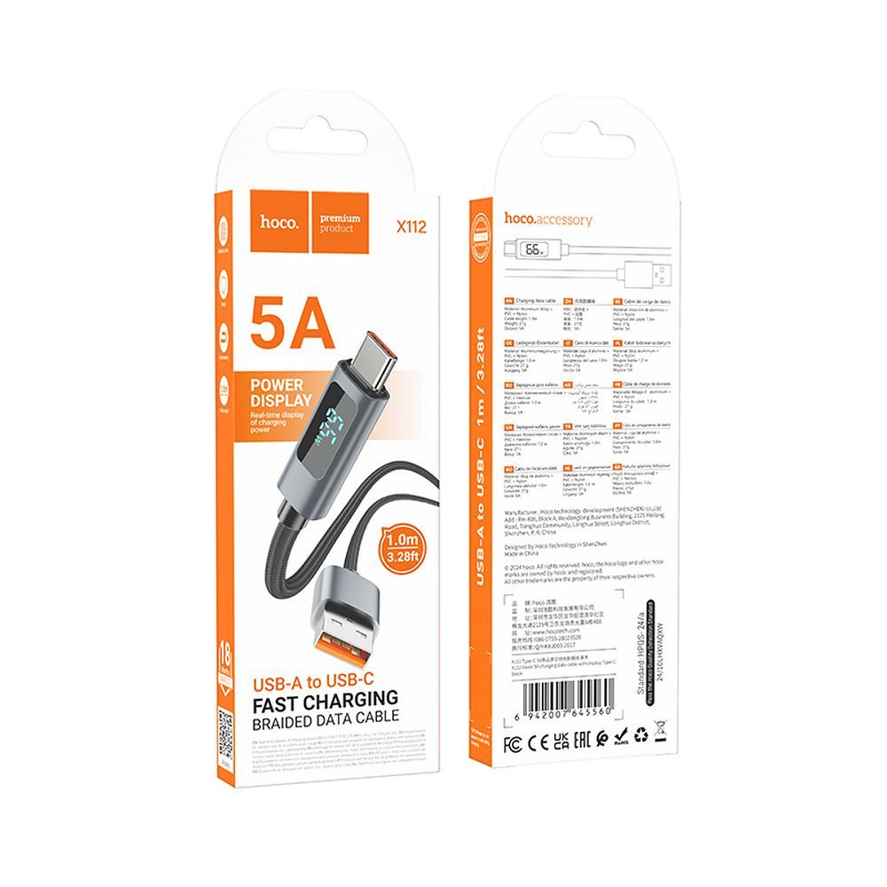 Kabel do danych i ładowania USB-A - USB-C HOCO Display X112, 100W, 1m, Czarny