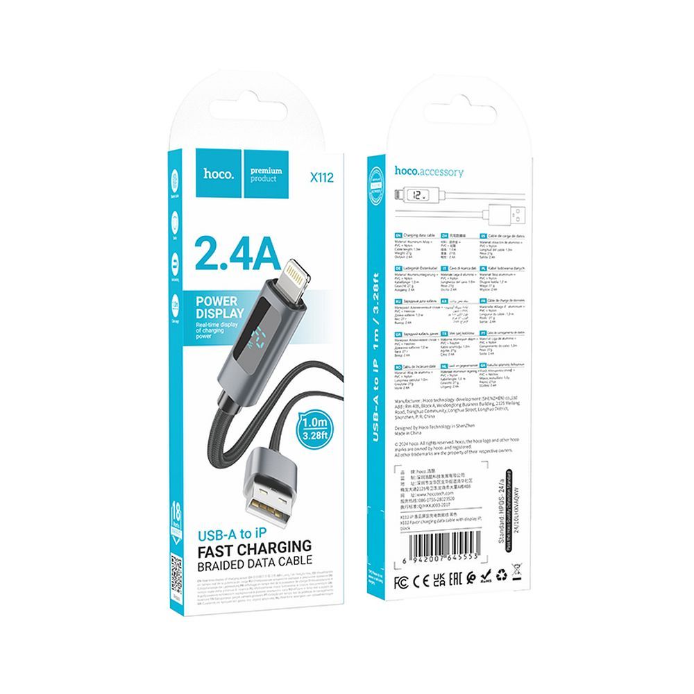 Kabel do danych i ładowania USB-A - Lightning HOCO Display X112, 18W, 1m, Czarny