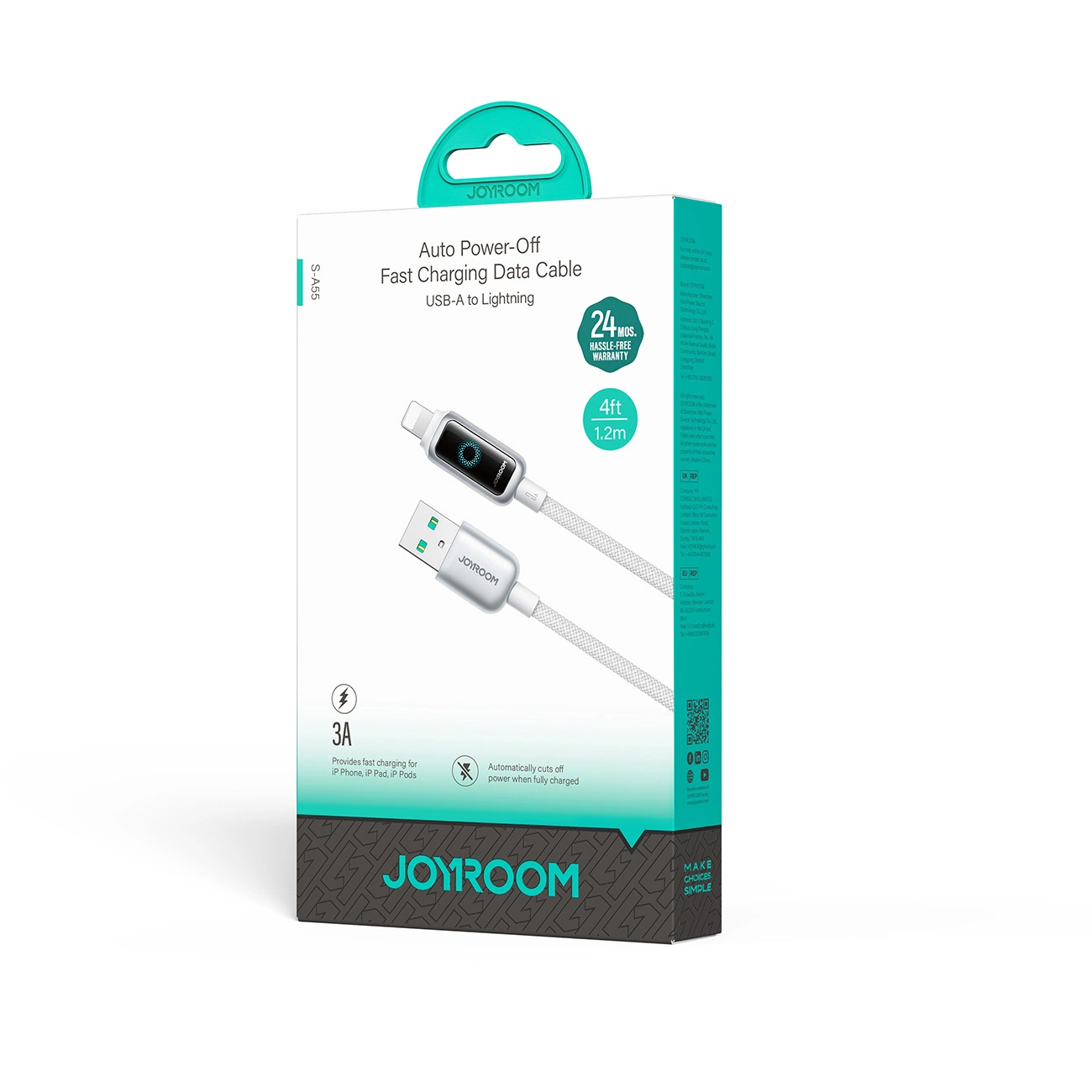 Kabel do danych i ładowania USB-A - Lightning Joyroom S-A55 StarFlight Display, 18W, 1.2m, Biały