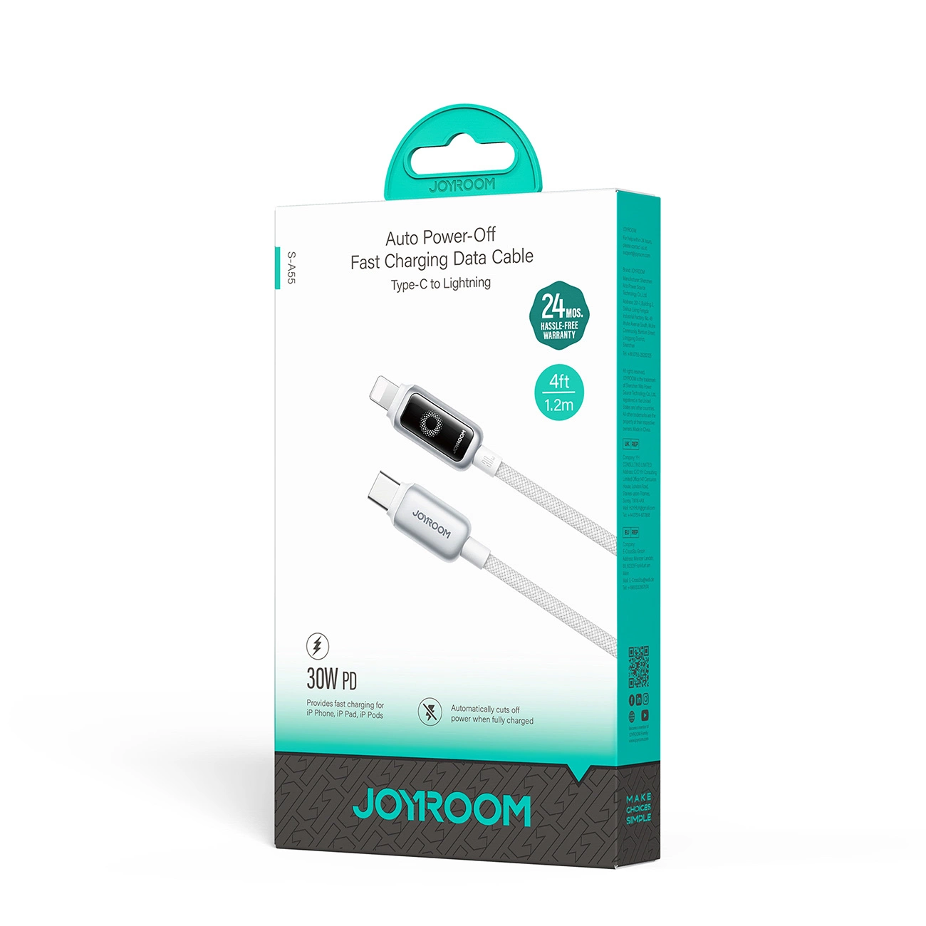 Kabel do danych i ładowania USB-C - Lightning Joyroom S-A55 StarFlight Display, 30W, 1.2m, Biały