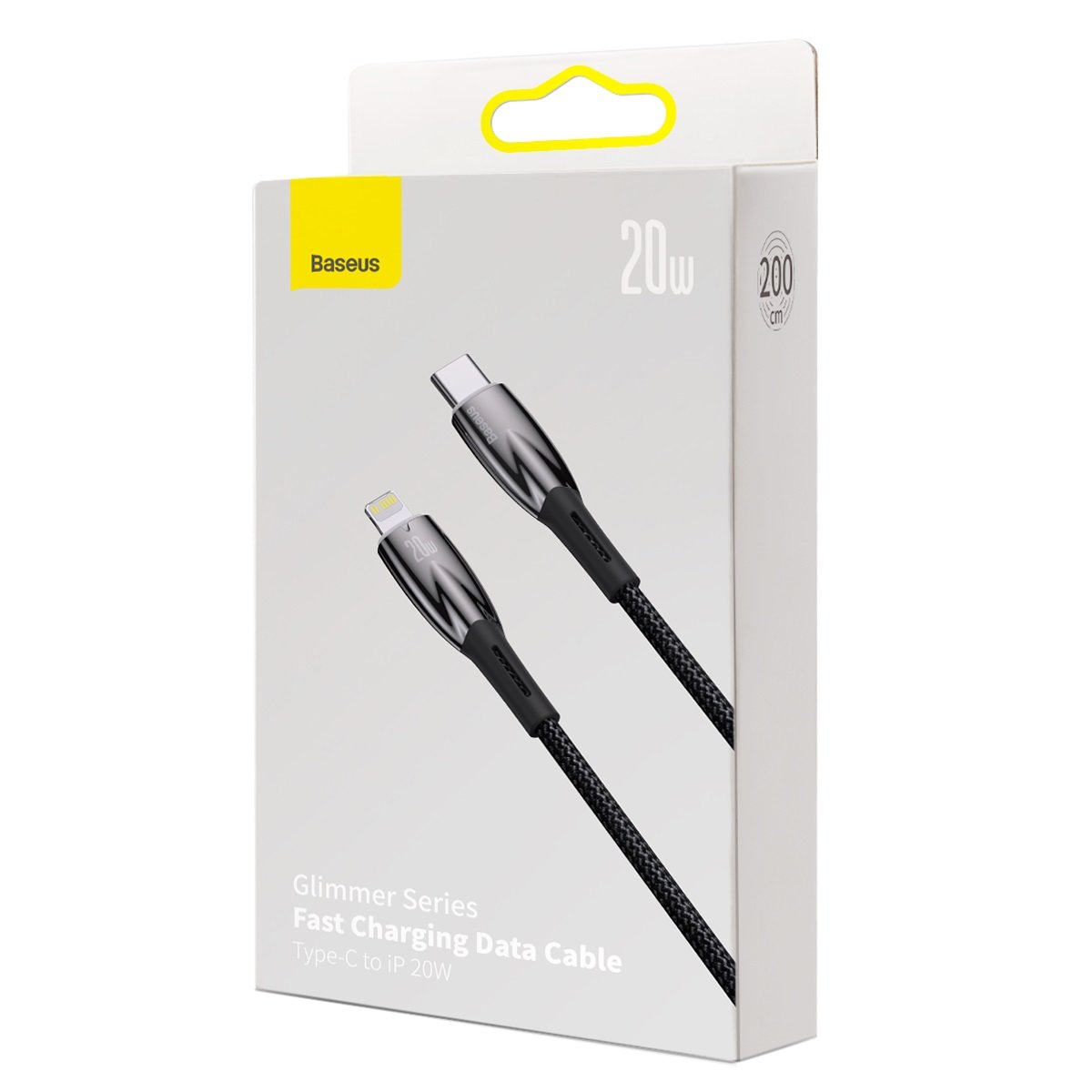 Kabel Baseus Glimmer Series USB-C - Lightning do ładowania i transmisji danych, 20 W, 2 m, czarny CADH00010101