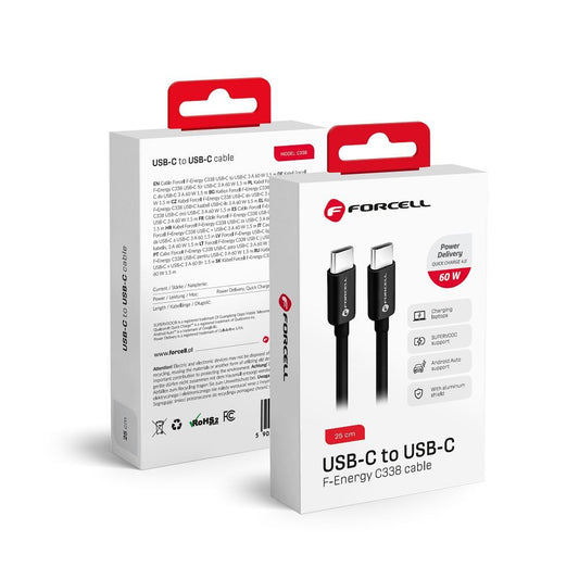Kabel USB-C do ładowania i transmisji danych - USB-C Forcell F-Energy C338, 60 W, 0,25 m, czarny
