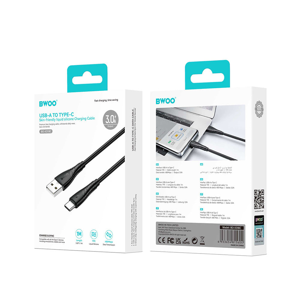 Kabel do danych i ładowania USB-A - USB-C BWOO BO-X318C, 27W, 1m, Czarny