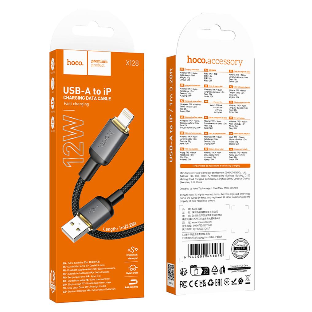 Kabel do przesyłu danych i ładowania USB-A - Lightning HOCO X128 Benefit, 12W, 1m, Czarny