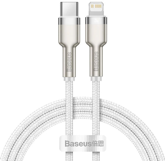 Kabel do danych i ładowania USB-C - Lightning Baseus Cafule Metal Series, 20W, 2m, Biały CATLJK-B02