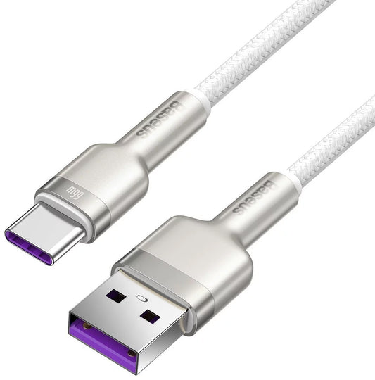 Kabel do ładowania i transmisji danych USB-A - USB-C Baseus Cafule Metal Series, 66W, 1m, biały CAKF000102