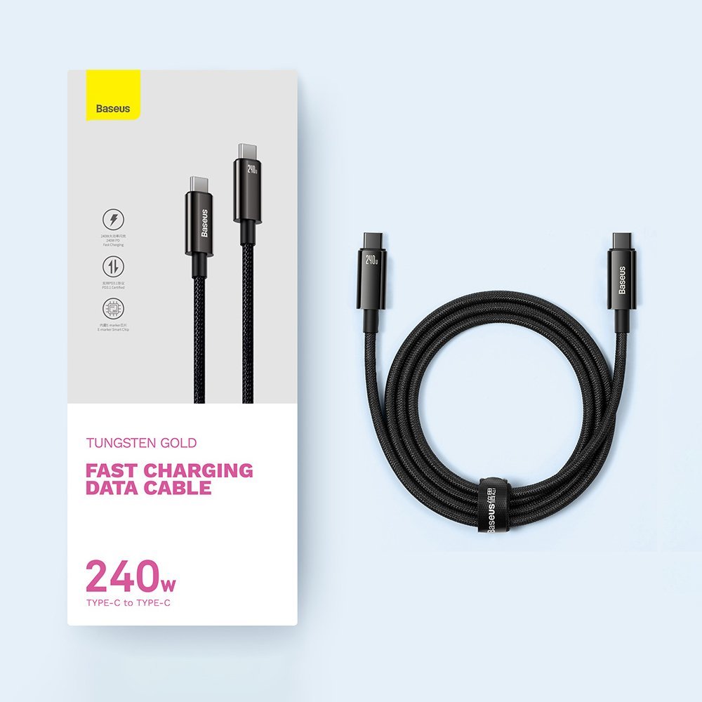 Kabel USB-C do ładowania i transmisji danych - USB-C Baseus Tungsten Gold, 240 W, 2 m, czarny CAWJ04010101