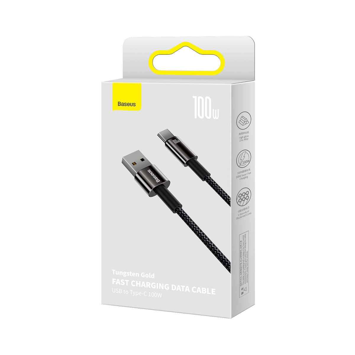USB-A do USB-C Baseus Tungsten Gold, 100W, 2m, czarny CAWJ00010101