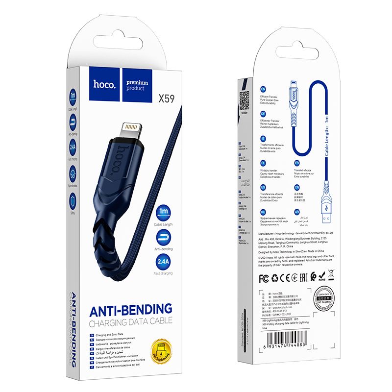Kabel do danych i ładowania USB-A - Lightning HOCO X59 Victory, 18W, 1m, Niebieski