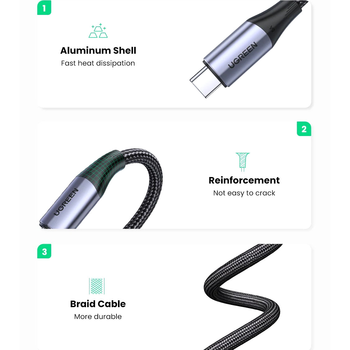 Kabel USB-C do transmisji danych i ładowania - USB-C UGREEN US355, 100W, 1m, czarny