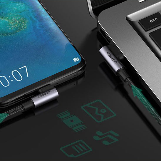 Kabel USB-A do USB-C do transmisji danych i ładowania UGREEN US255 kątowy, 60 W, 1 m, szary