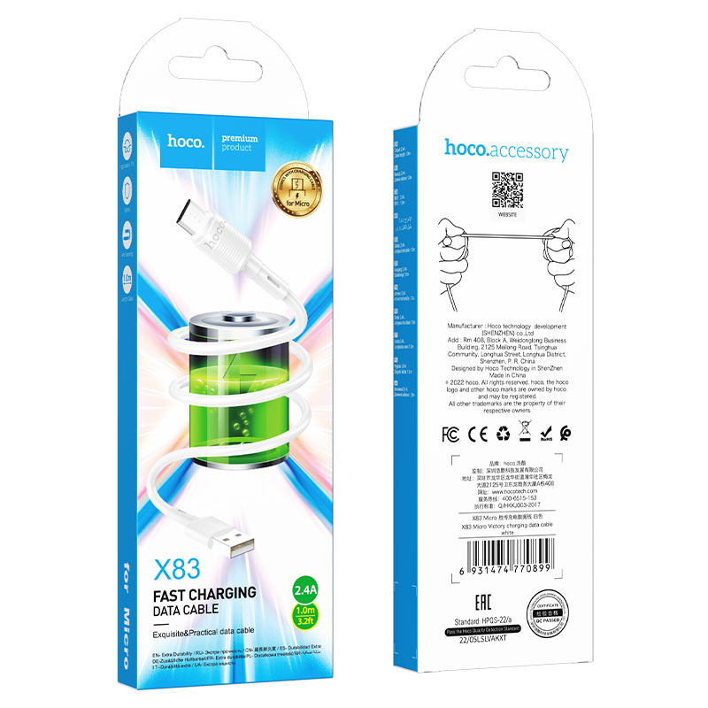 Kabel do danych i ładowania USB-A - microUSB HOCO X83 Victory, 18W, 1m, Biały