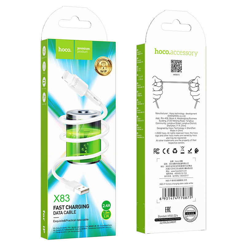 Kabel do danych i ładowania USB-A - Lightning HOCO X83 Victory, 18W, 1m, Biały