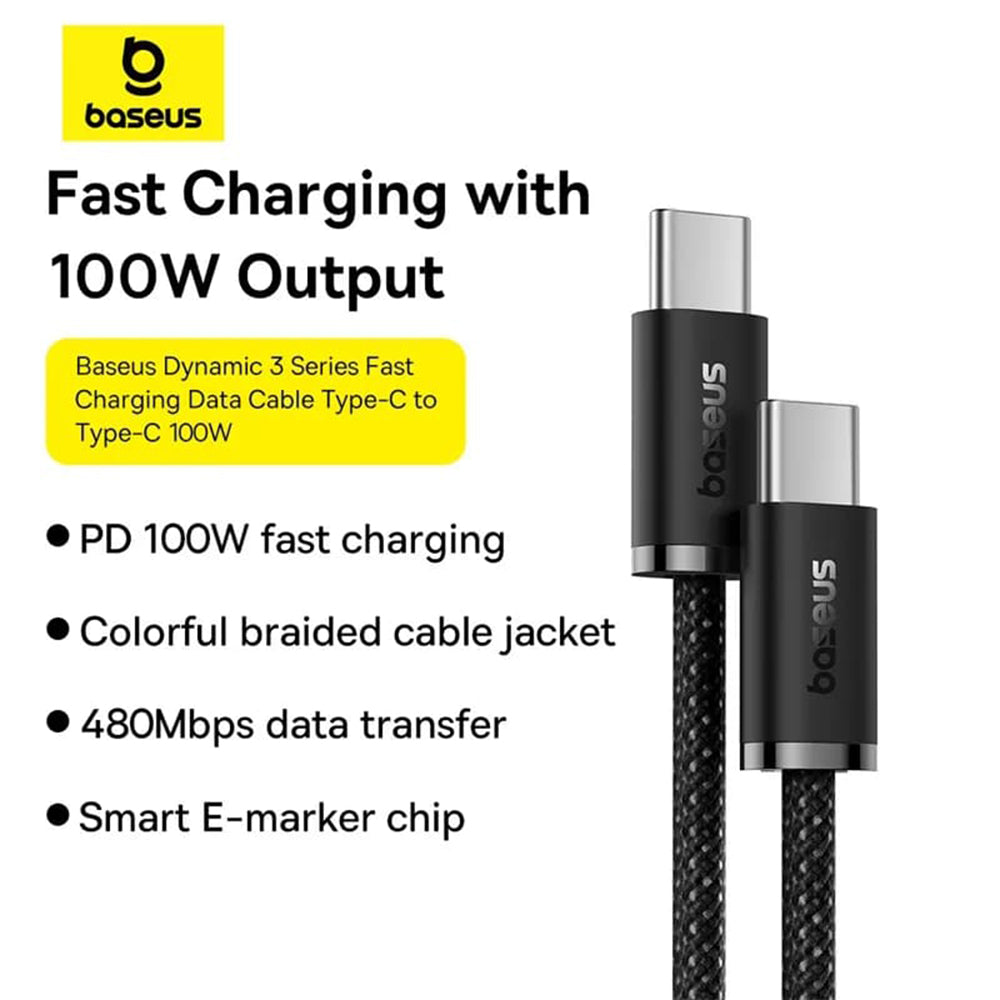 Kabel USB-C do ładowania i transmisji danych - USB-C Baseus Dynamic 3 Series, 100 W, 2 m, czarny P10367000111-01