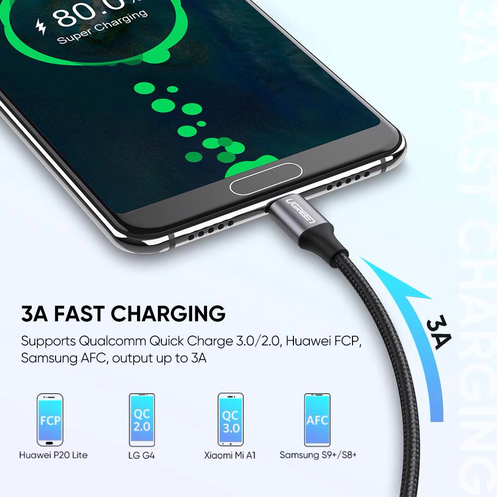 Kabel do danych i ładowania USB-A - USB-C UGREEN US288, 18W, 0,5m, Czarny