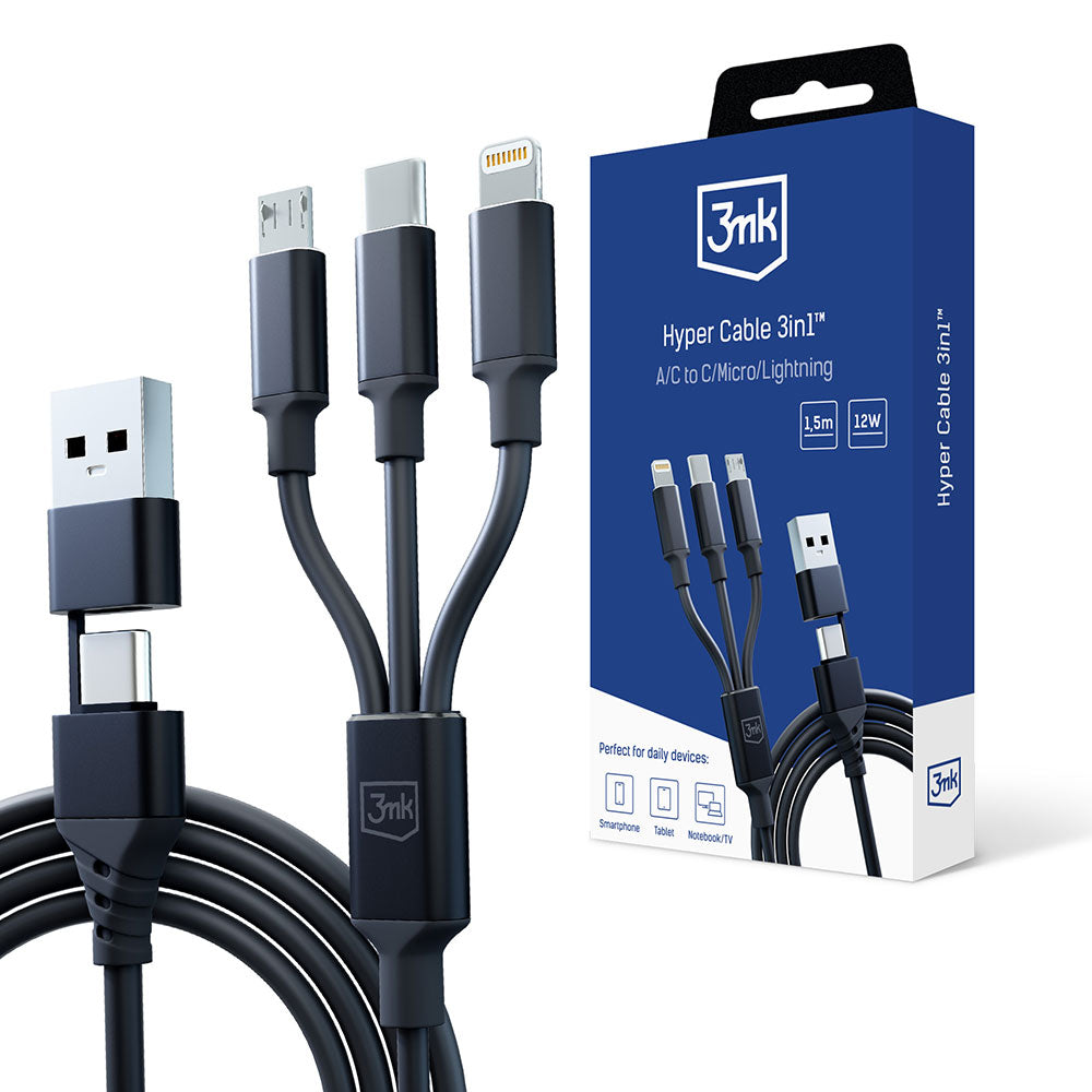 Kabel Ładowania USB-A / USB-C - Lightning / microUSB / USB-C 3MK Hyper 3in1, 12W, 1.5m, Czarny