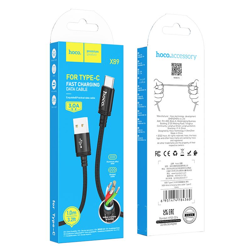 Kabel do danych i ładowania USB-A - USB-C HOCO X89, 18W, 1m, Czarny