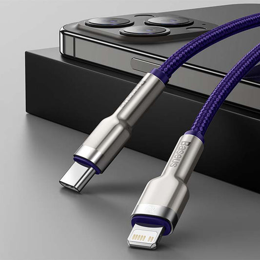 Kabel do danych i ładowania USB-C - Lightning Baseus Cafule Metal Series, 20W, 1m, Fioletowy CATLJK-A05