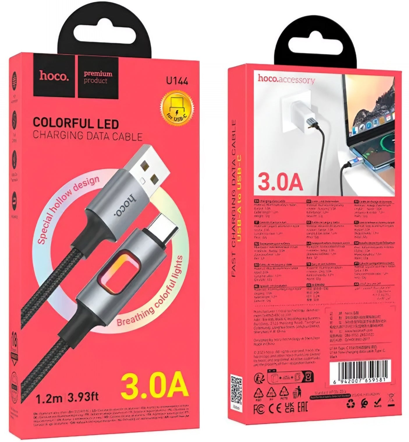 Kabel do danych i ładowania USB-A - USB-C HOCO U144 Led, 18W, 1.2m, Czarny