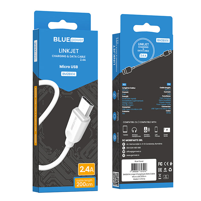 Kabel do danych i ładowania USB-A - microUSB BLUE Power BM2BX14 LinkJet, 18W, 2m, biały