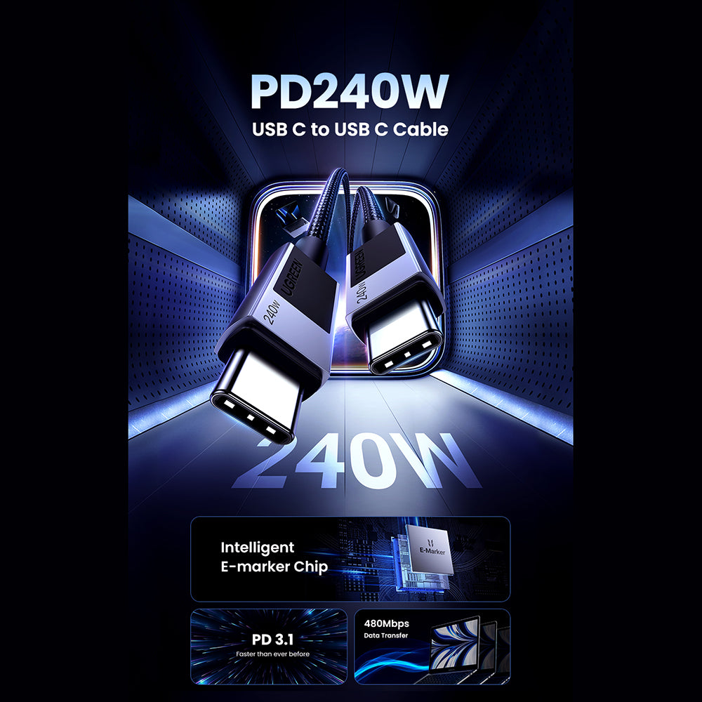 Kabel do danych i ładowania USB-C - USB-C UGREEN L513, 240W, 2m, Czarny