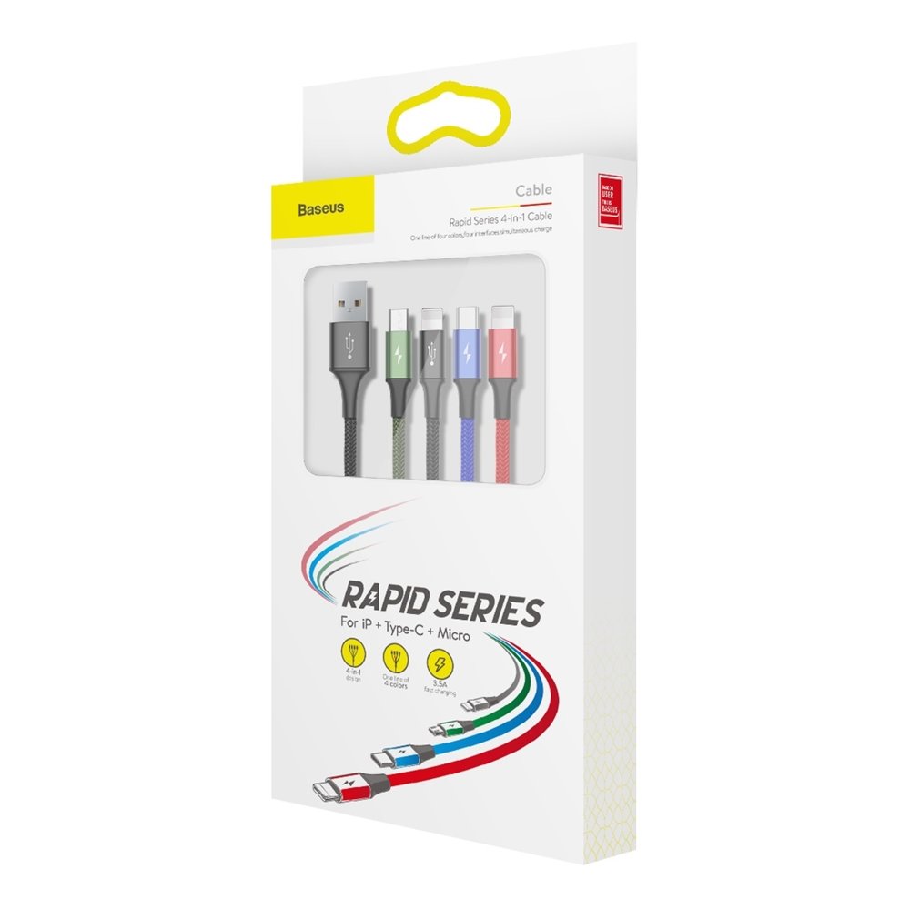 Kabel Ładowania USB-A - 2 x Lightning / microUSB / USB-C Baseus Rapid 4in1, 20W, 1.2m, Czarny CA1T4-A01