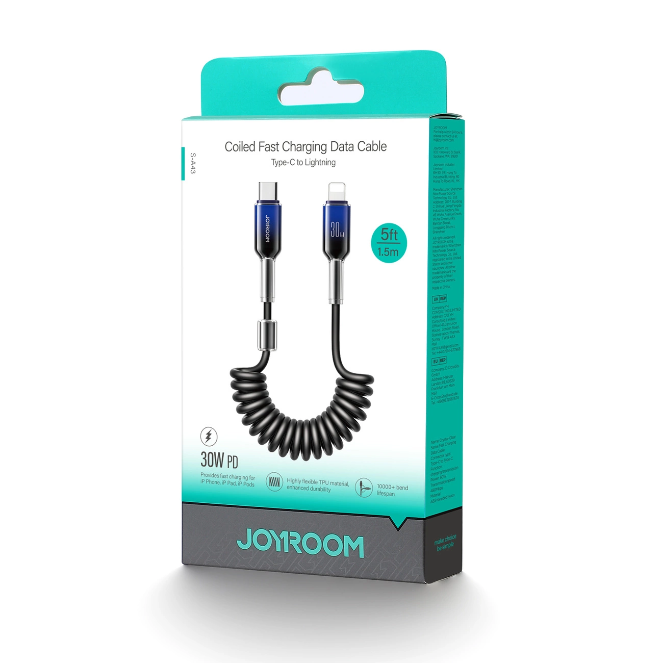 Kabel do danych i ładowania USB-C - Lightning Joyroom S-A43 Crystal, 30W, 1,5m, Czarny