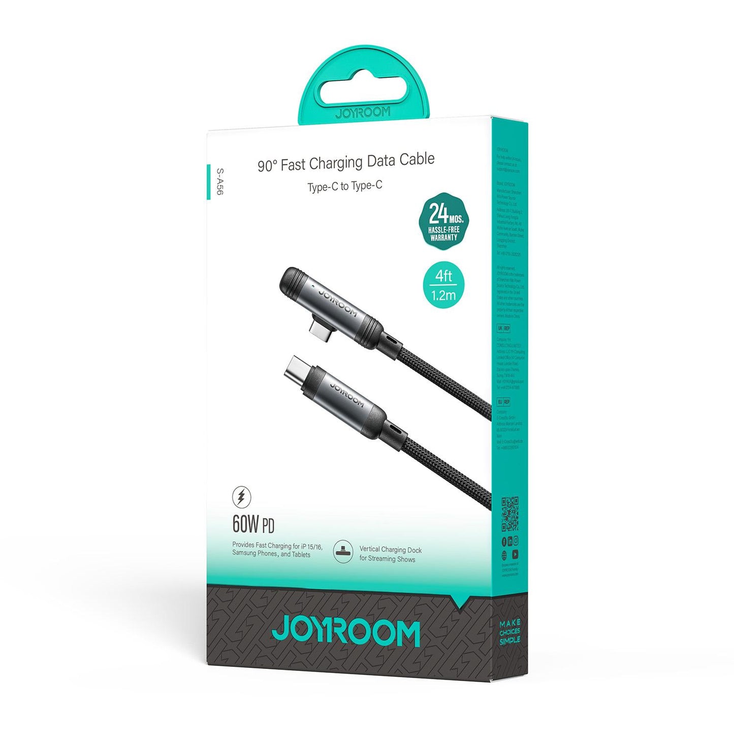 Kabel do danych i ładowania USB-C - USB-C Joyroom S-A56 EnjoyX Angled, 60W, 1.2m, Czarny
