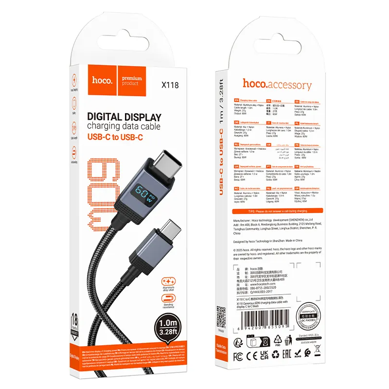 Kabel do danych i ładowania USB-C - USB-C HOCO X118 Display, 60W, 1m, Czarny