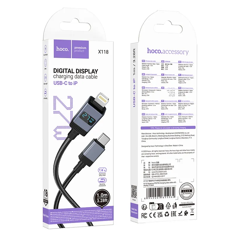 Kabel do danych i ładowania USB-C - Lightning HOCO X118 Display, 27W, 1m, Czarny