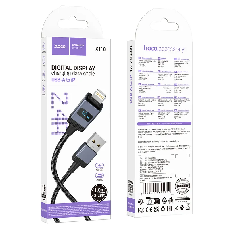 Kabel do danych i ładowania USB-A - Lightning HOCO X118 Display, 12W, 1m, Czarny