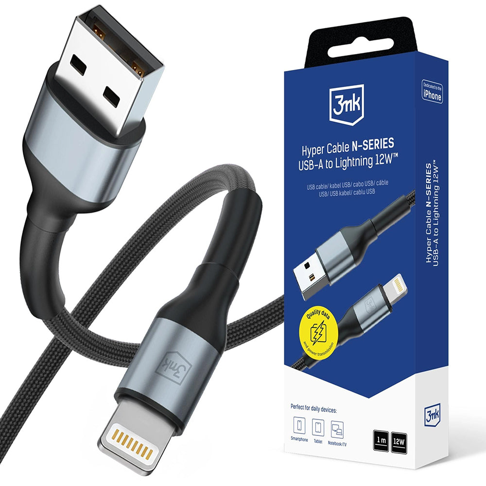 Kabel do danych i ładowania USB-A - Lightning 3MK Hyper N, 12W, 1m, Czarny