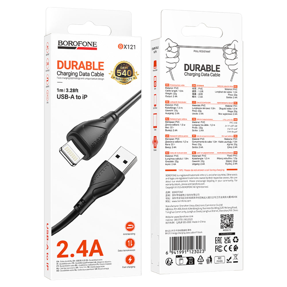 Kabel do danych i ładowania USB-A - Lightning Borofone BX121 Energy, 18W, 1m, Czarny