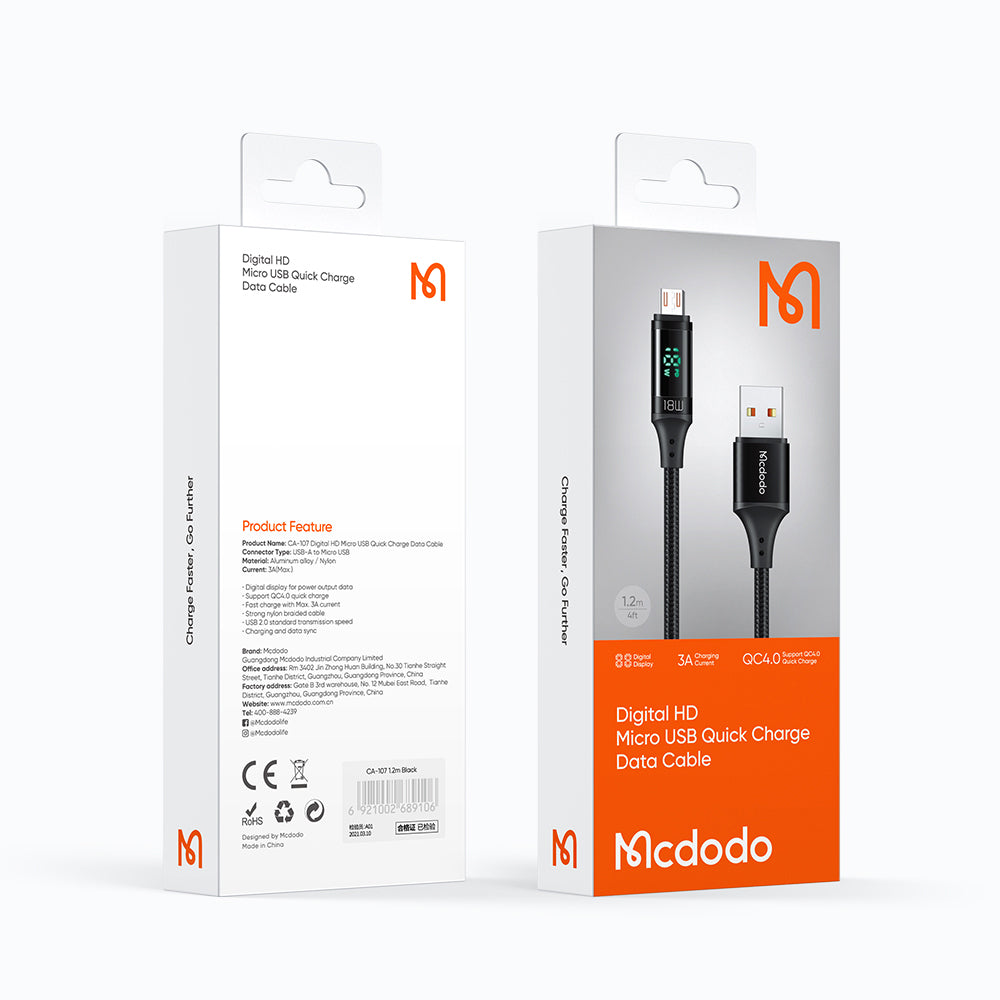 Kabel do danych i ładowania USB-A - microUSB McDodo CA-1070 Display, 18W, 1.2m, Czarny