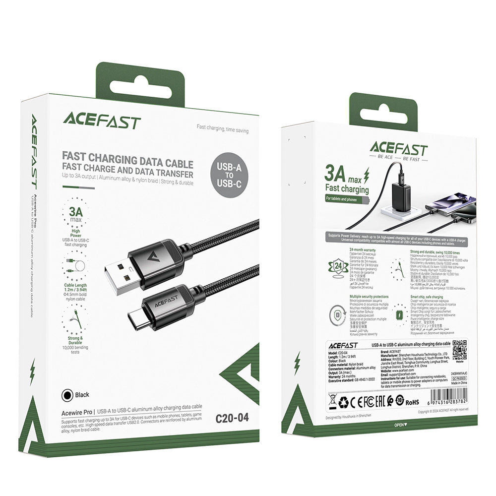 Kabel do danych i ładowania USB-A - USB-C Acefast C20-04, 18W, 1.2m, Czarny