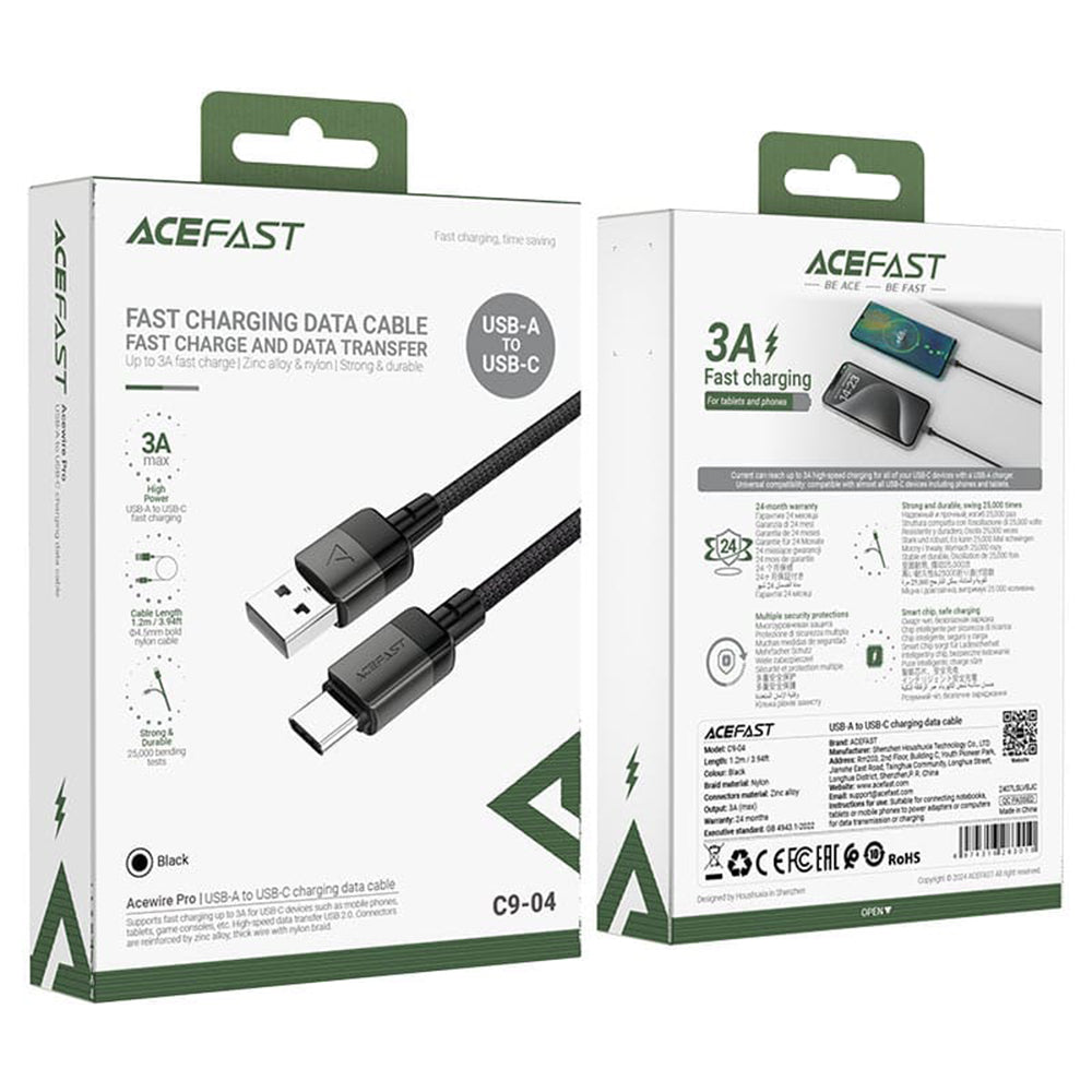 Kabel do danych i ładowania USB-A - USB-C Acefast C9-04, 18W, 1.2m, Czarny