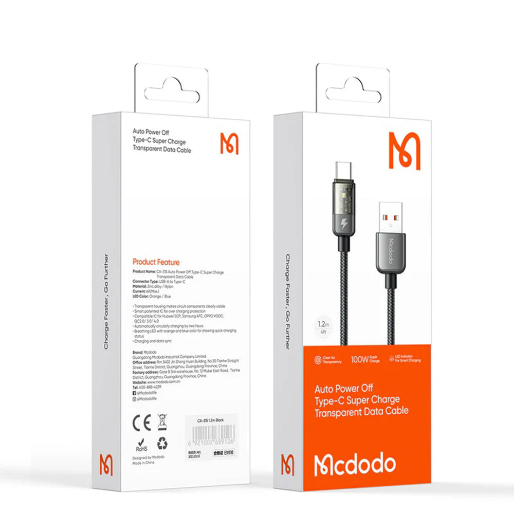 Kabel do danych i ładowania USB-A - USB-C McDodo CA-3150 Auto Power Off, 100W, 1.2m, Czarny