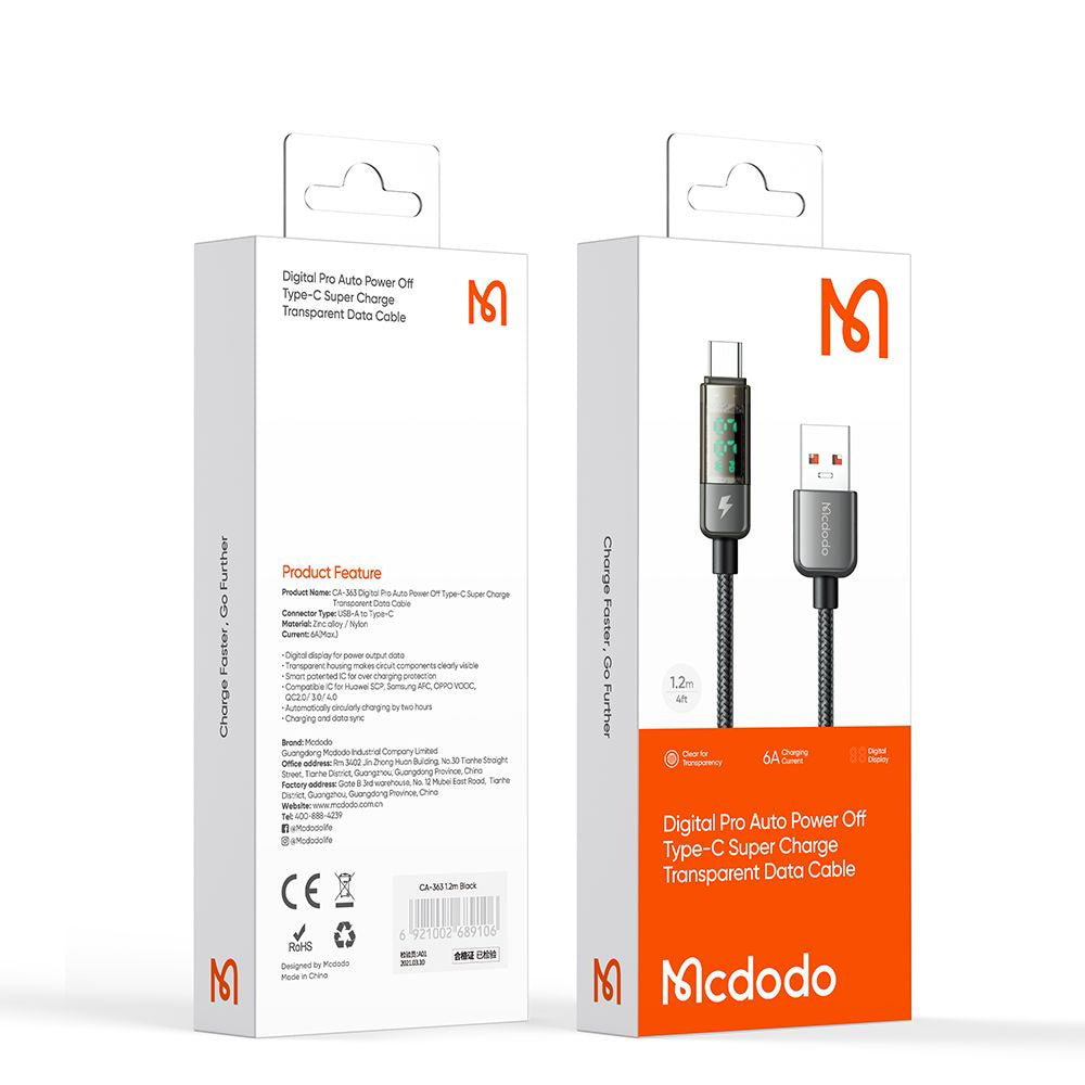 Kabel do danych i ładowania USB-A - USB-C McDodo CA-3630 Display Auto Power Off, 66W, 1.2m, Czarny