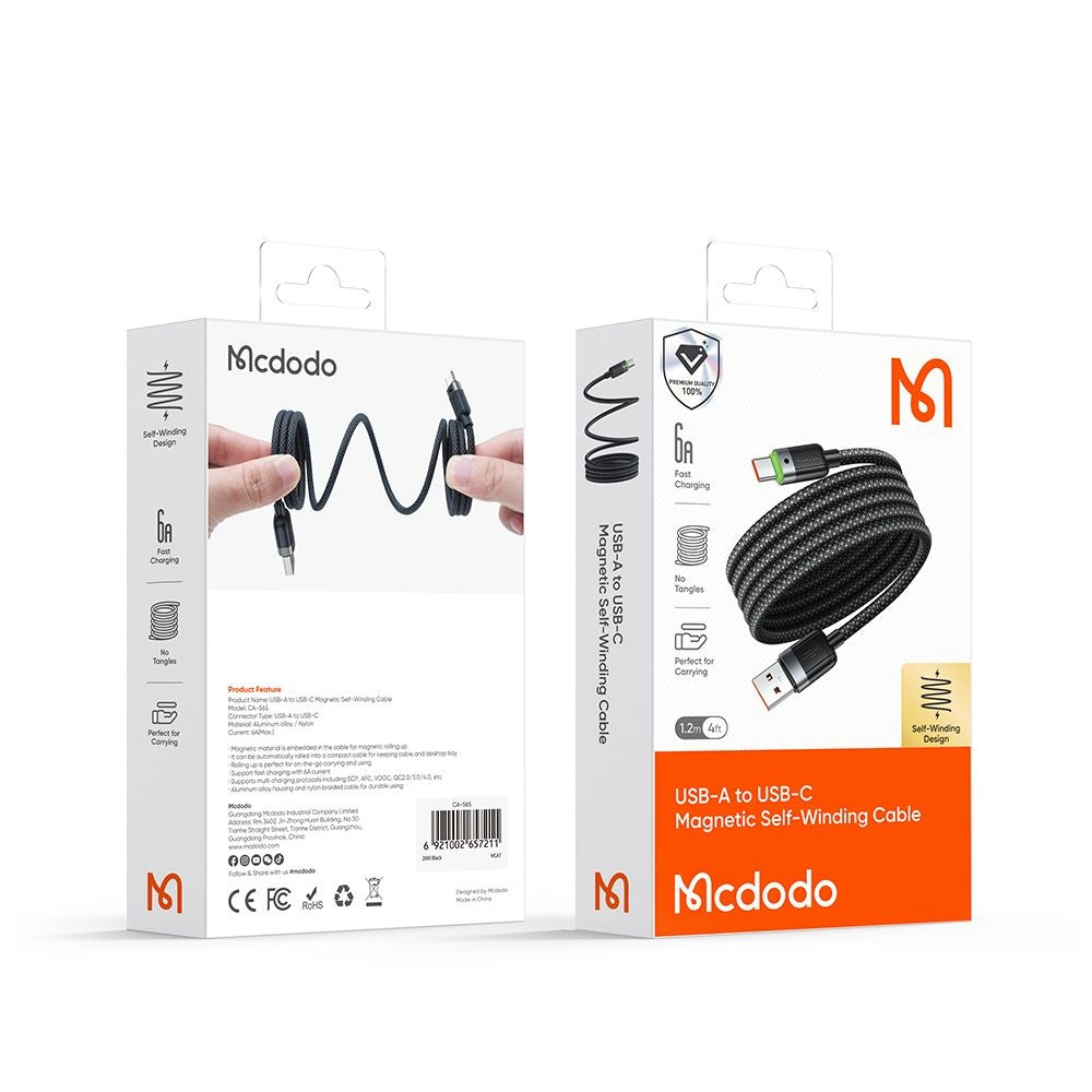 Kabel do danych i ładowania USB-A - USB-C McDodo CA-5650 Self Winding, 66W, 1.2m, Czarny