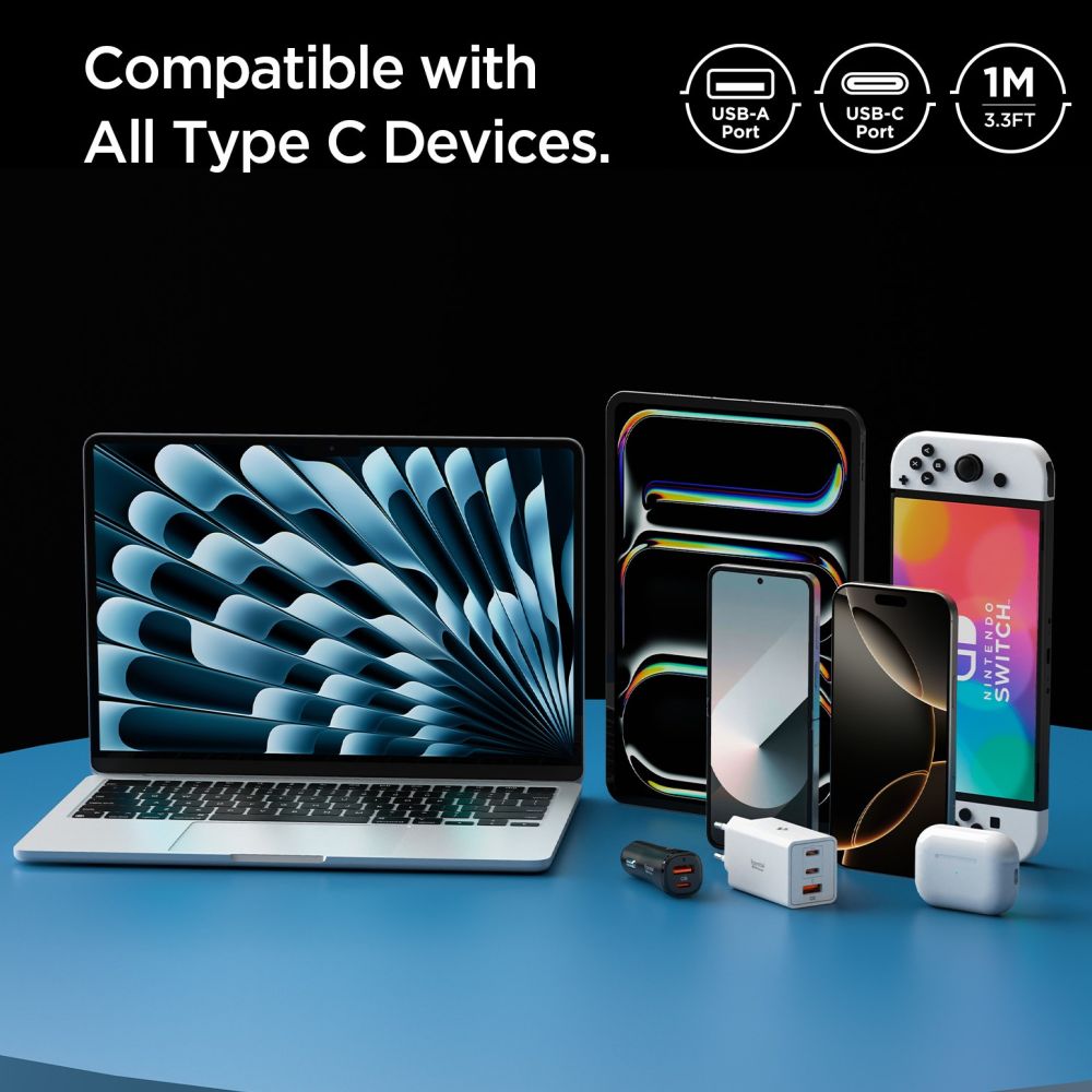 Kabel do danych i ładowania USB-A - USB-C Spigen Essential, 60W, 1m, Biały ACA08715