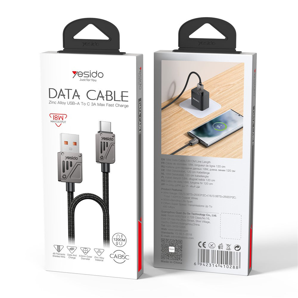 Kabel do danych i ładowania USB-A - USB-C Yesido CA135C, 18W, 1.2m, Czarny
