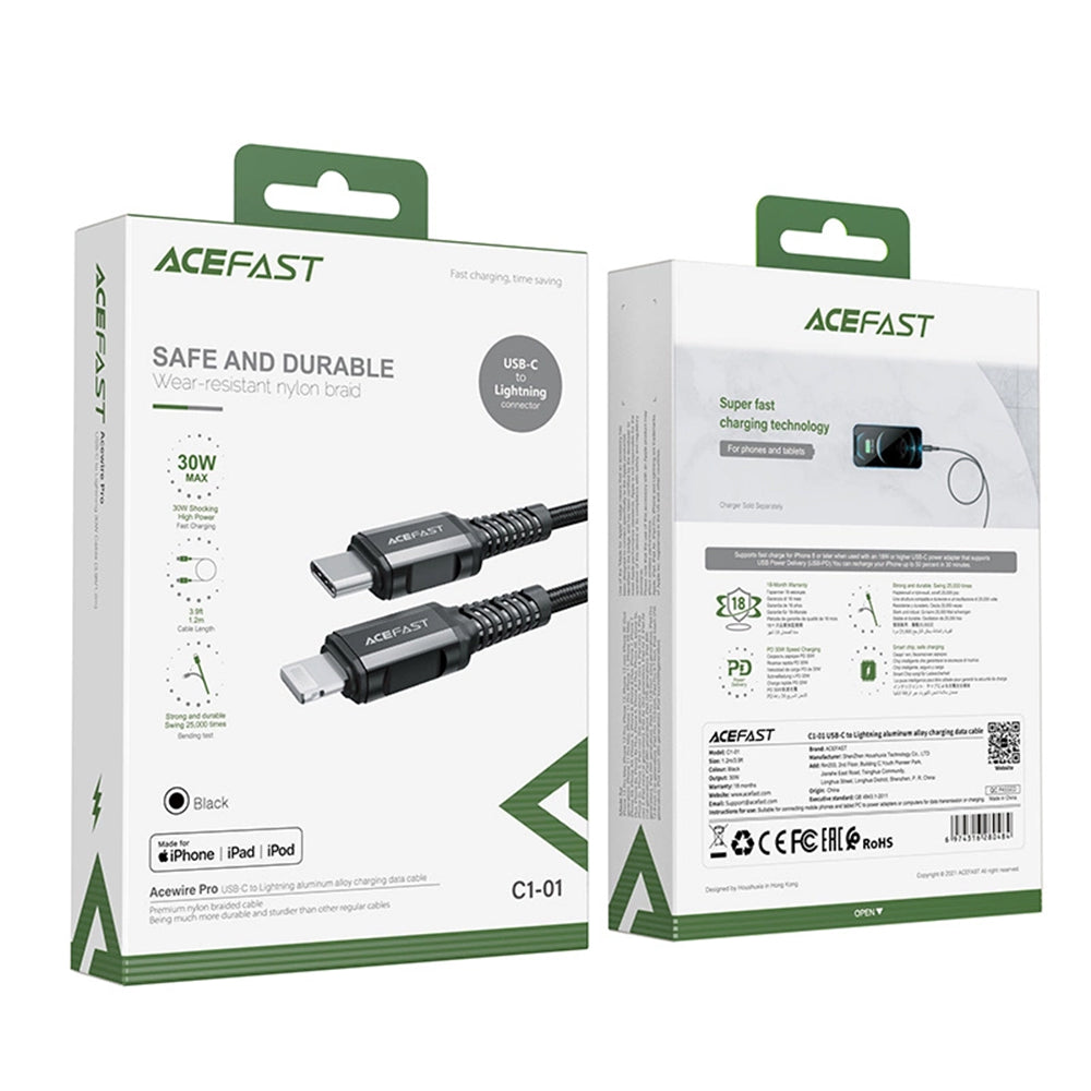 Kabel do danych i ładowania USB-C - Lightning Acefast C1-01, 30W, 1.2m, Czarny