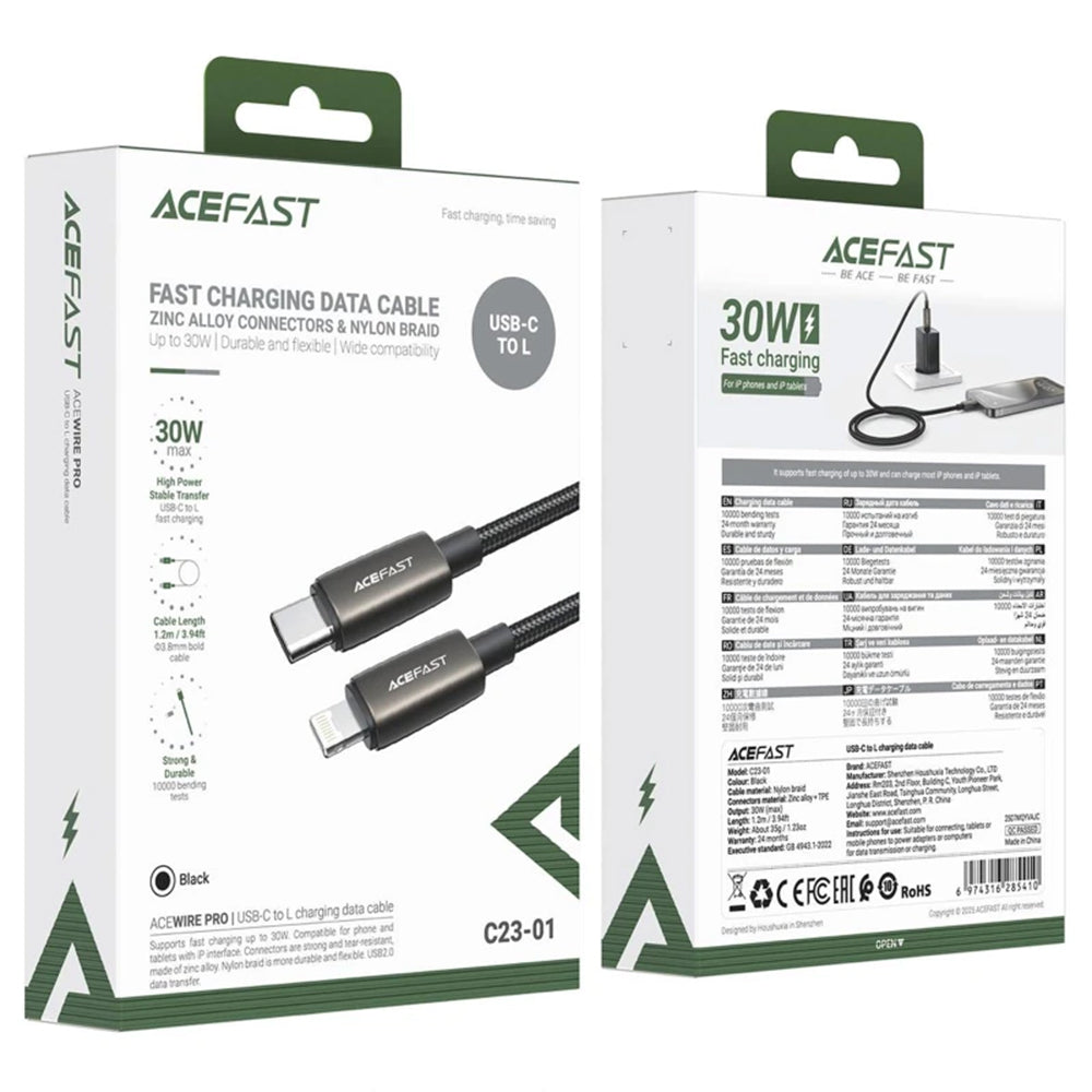 Kabel do danych i ładowania USB-C - Lightning Acefast C23-01, 30W, 1.2m, Czarny